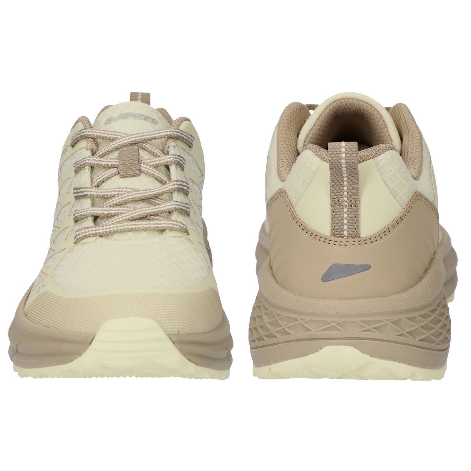 Light-colored athletic shoes are positioned side by side showcasing a breathable mesh design with laces and a cushioned sole suitable for walking or running in various environments.