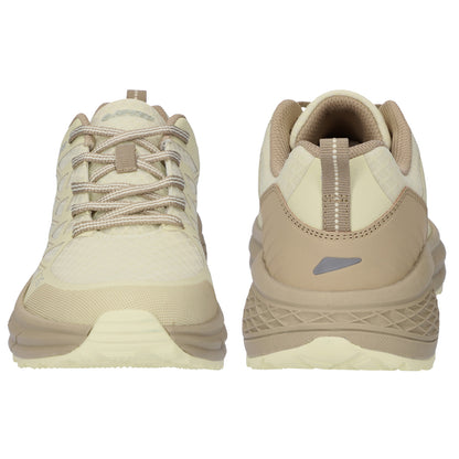 Light-colored athletic shoes are positioned side by side showcasing a breathable mesh design with laces and a cushioned sole suitable for walking or running in various environments.