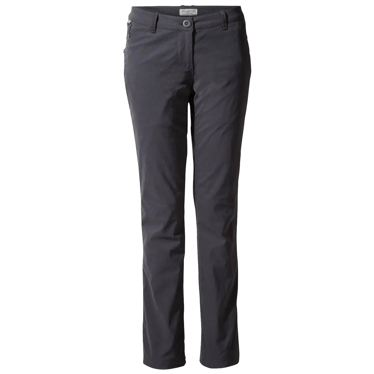 Dark gray pants are displayed standing upright showcasing a slim fit design with a button closure and pockets presenting a casual appearance suitable for outdoor or daily wear.