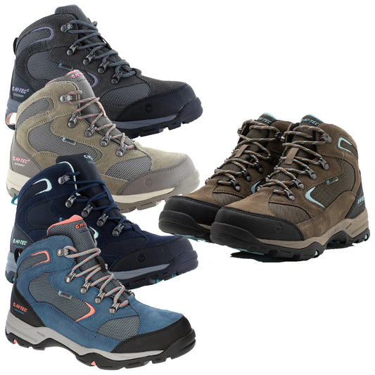 Hi-Tec Ladies Storm Boots Four pairs of hiking boots in different colors are displayed. The boots feature sturdy materials and laces, designed for outdoor activities. They are set against a plain background.