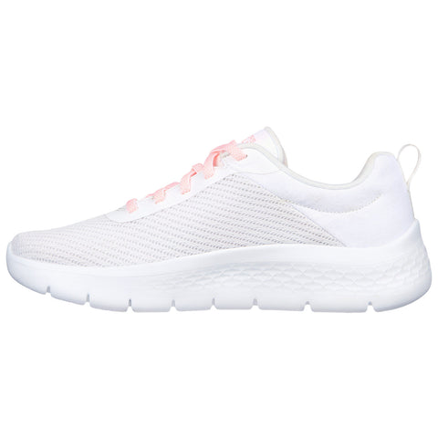A white athletic shoe with a mesh upper features pink laces and a textured sole displaying a lightweight design indicating suitability for running or casual wear.