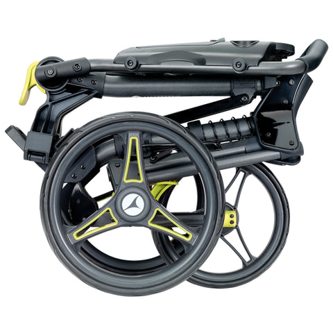 A folded black wheelchair with stylish black and yellow wheels sits compactly showcasing its modern design ready for transport or storage in various environments.
