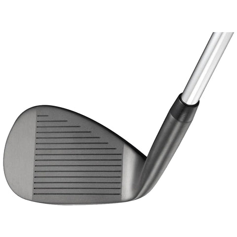A golf club lies with its angled face visible the grooves on the clubface indicate its design for precision strikes in a golfing context on a course or practice area