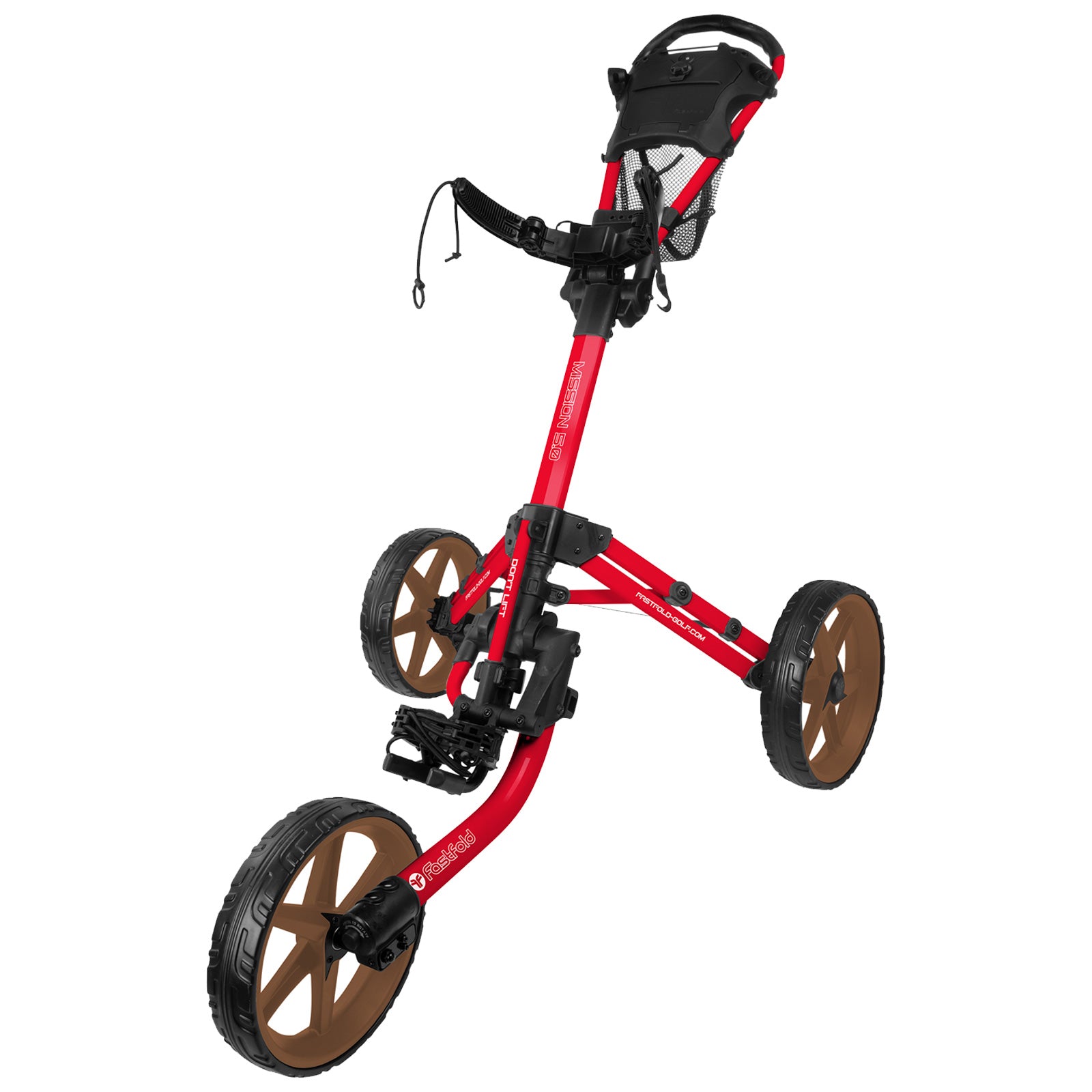 A red golf push cart with three wheels is standing upright showcasing its frame and handle with a mesh pocket attached. The rear wheels are larger with a distinct design.