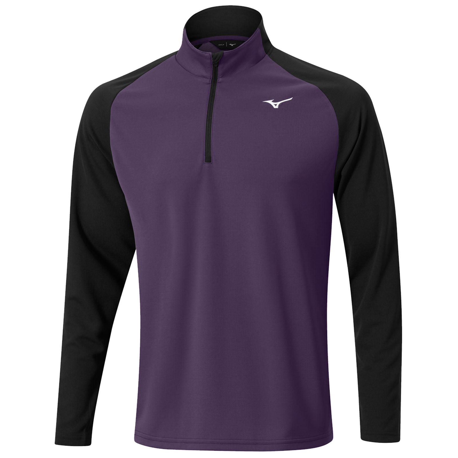 A long-sleeved athletic shirt features a purple torso and black sleeves with a quarter zip collar and a small logo on the chest suitable for active wear and sports.