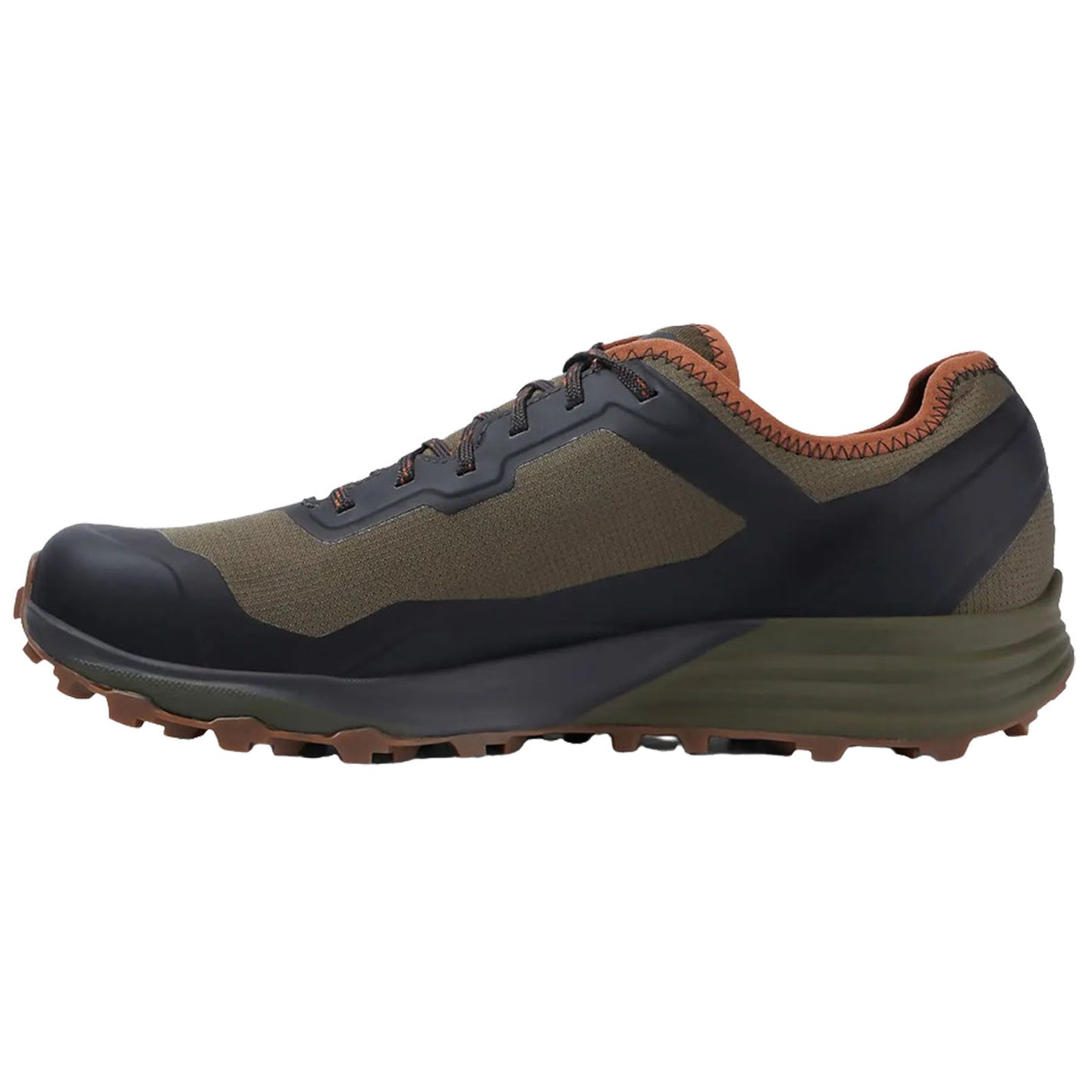 A durable running shoe features a combination of dark green and black materials with a rugged sole designed for traction on uneven terrain suitable for outdoor activities.