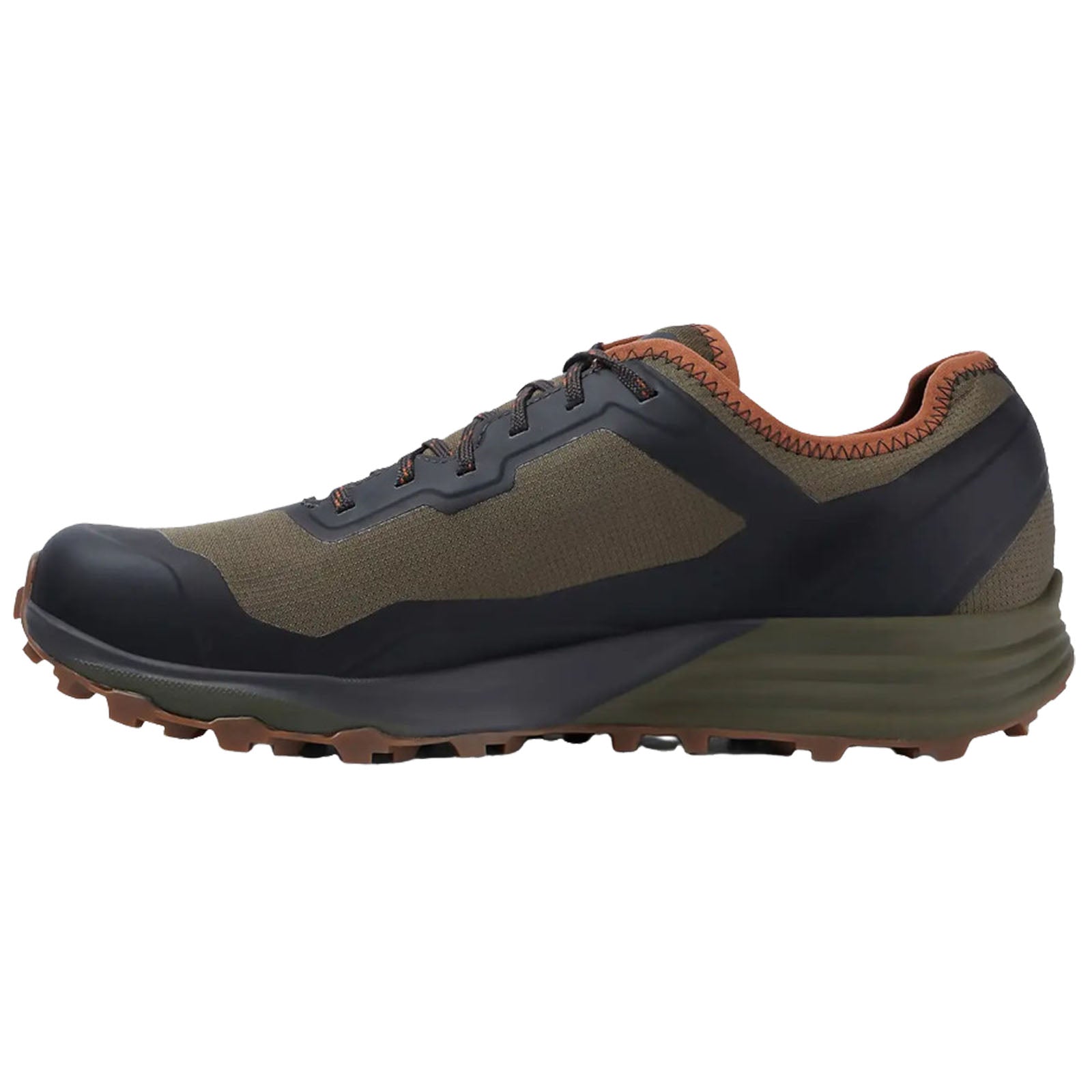 A durable running shoe features a combination of dark green and black materials with a rugged sole designed for traction on uneven terrain suitable for outdoor activities.