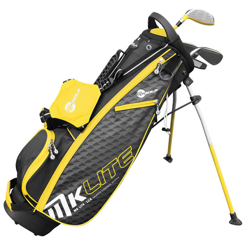A black and yellow golf bag stands upright with retractable legs supporting it while a few golf clubs peek out from the top and a smaller pocket is visible on the front side.