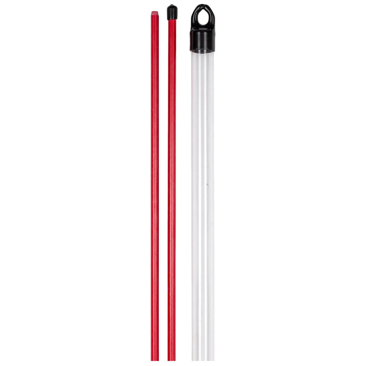 A clear plastic tube with a cap is placed alongside two red marking sticks both with pointed ends indicating they are tools used for measuring or marking in an unobtrusive setting