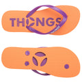 A pair of flip-flops features an orange cushioned sole with a textured pattern and purple straps. The word "THONGS" is prominently displayed on the top.