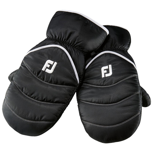Black winter mittens are displayed flat with a white logo on each. They appear insulated with a puffy design suitable for cold weather, emphasizing warmth and comfort.
