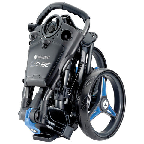 A compact golf trolley is folded and positioned upright with a black frame and blue accents showcasing wheels and handles suggesting ease of transport and storage.