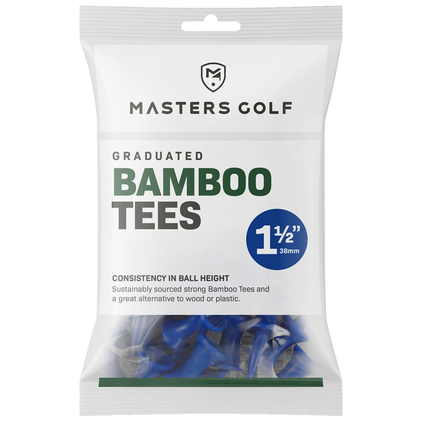 A clear plastic bag contains multiple blue bamboo golf tees showcasing a graduated design for varying ball heights emphasizing consistency in ball height and highlighting their sustainability as an alternative to wood or plastic