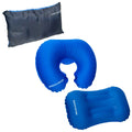 A dark blue inflatable pillow set includes a horseshoe-shaped neck pillow and a rectangular flat pillow both designed for comfort during travel or outdoor activities.