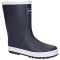 A black rubber boot stands upright showcasing a smooth surface with a white trim on the top and a textured sole designed for traction suitable for wet environments.