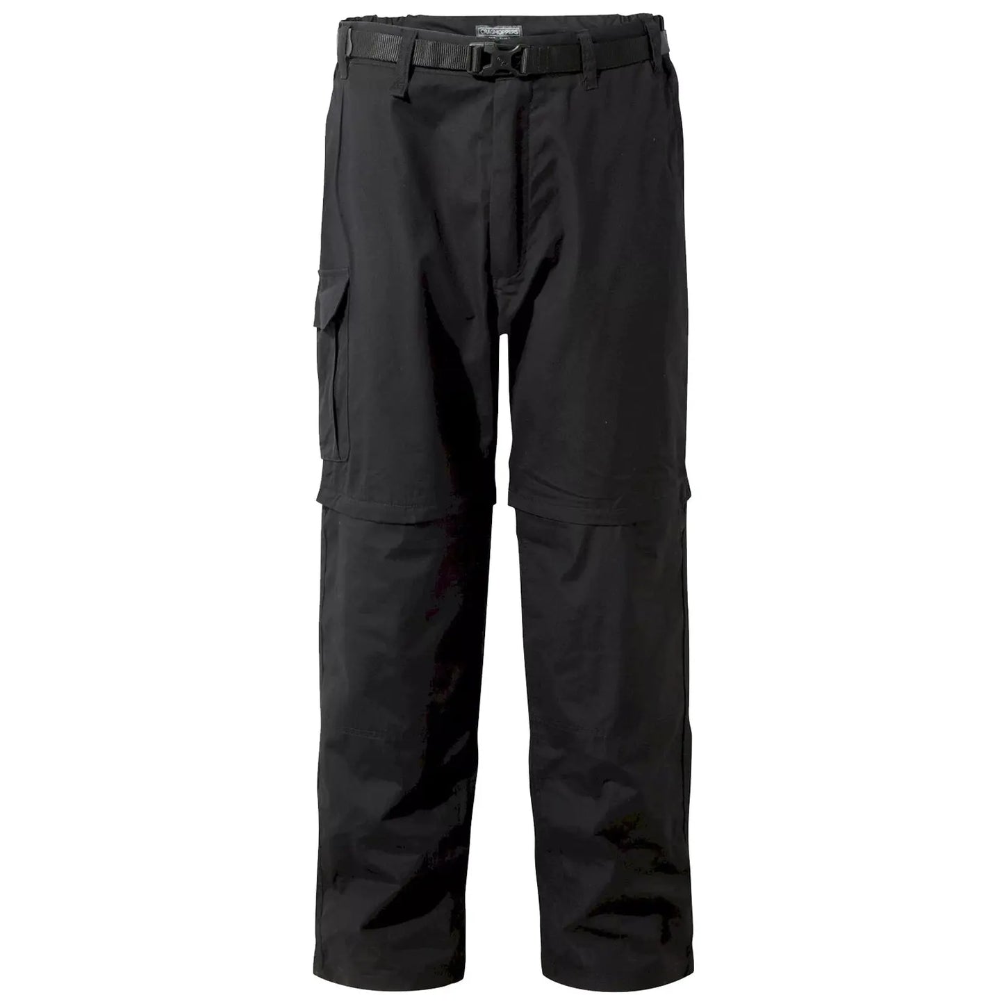 Black outdoor cargo pants with a belt feature multiple pockets and a relaxed fit designed for function and comfort in active environments such as hiking or camping.
