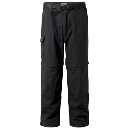 Black outdoor cargo pants with a belt feature multiple pockets and a relaxed fit designed for function and comfort in active environments such as hiking or camping.