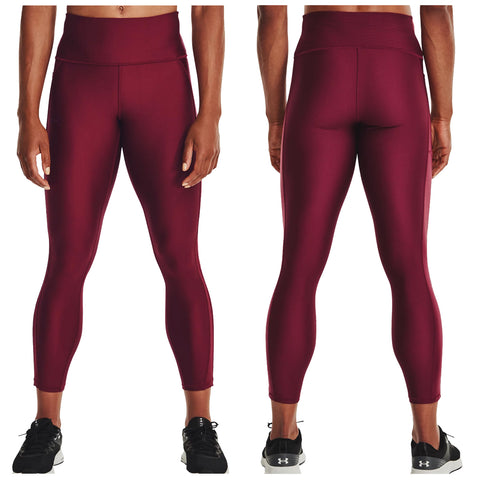 Leggings in a deep burgundy color are displayed from the front and back angles with the model’s hands at their sides. The setting appears neutral with no distinct background features.