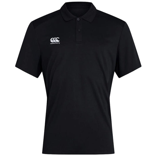 A black polo shirt is displayed front-facing showcasing short sleeves and a collar with three buttons while featuring a logo on the left side indicating the Canterbury brand