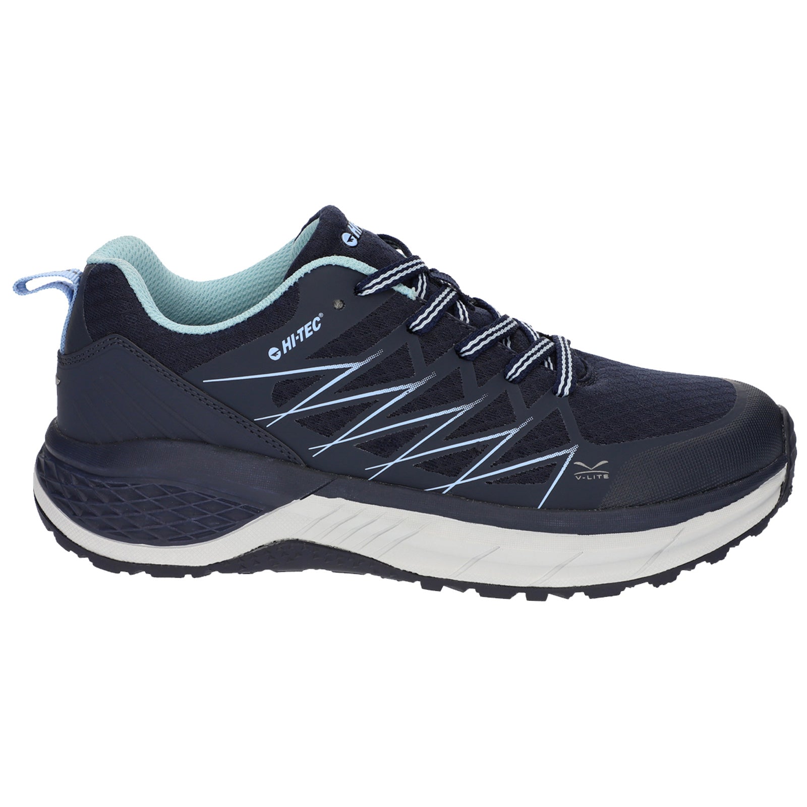 A dark blue athletic shoe is positioned on a white background featuring a textured sole and a padded collar showcasing light blue accents with black laces and a logo on the side.