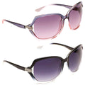 Two pairs of stylish sunglasses are displayed one above the other the top pair features a gradient pinkish tint with decorative embellishments while the bottom pair has a sleek black design with a similar gradient tint