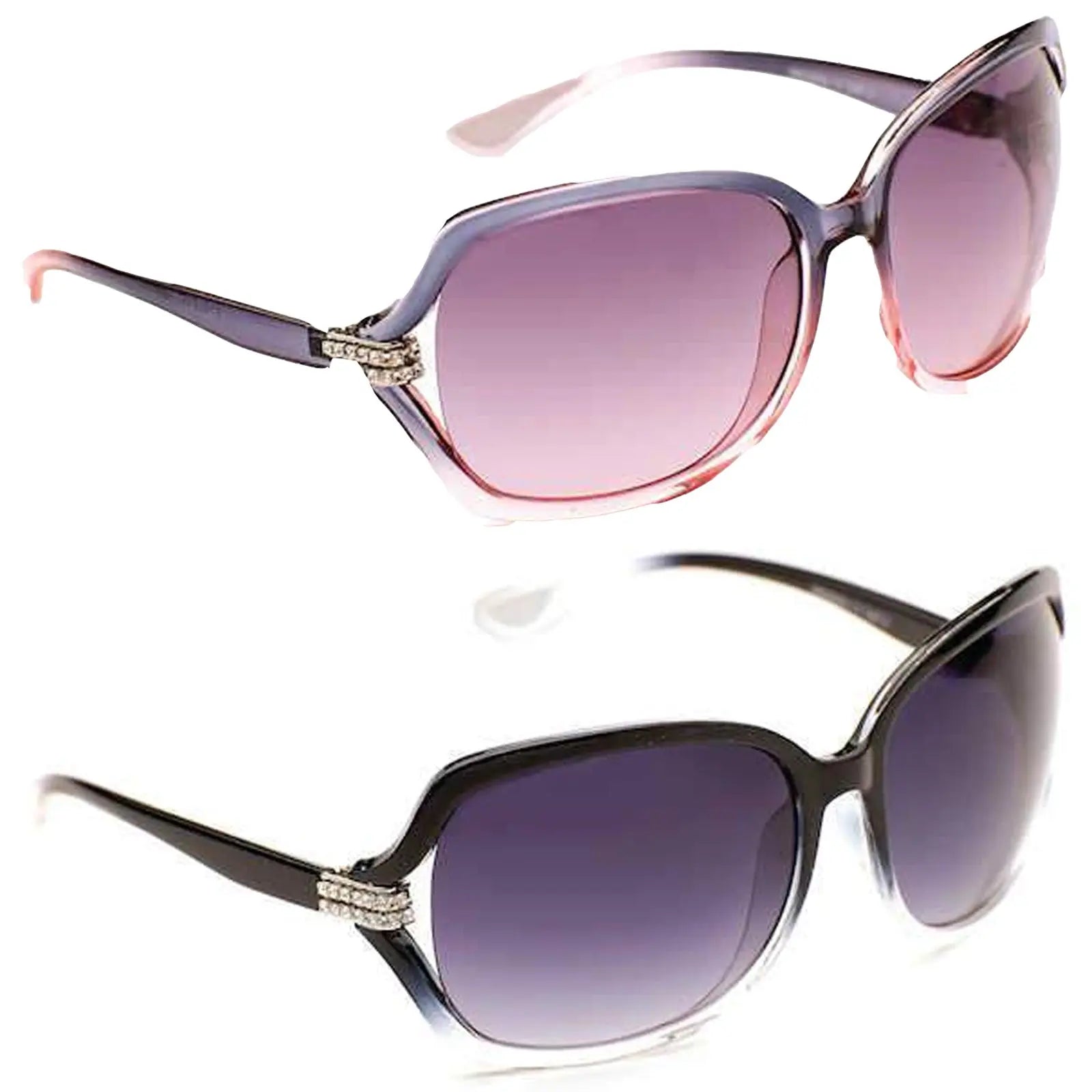 Two pairs of stylish sunglasses are displayed one above the other the top pair features a gradient pinkish tint with decorative embellishments while the bottom pair has a sleek black design with a similar gradient tint