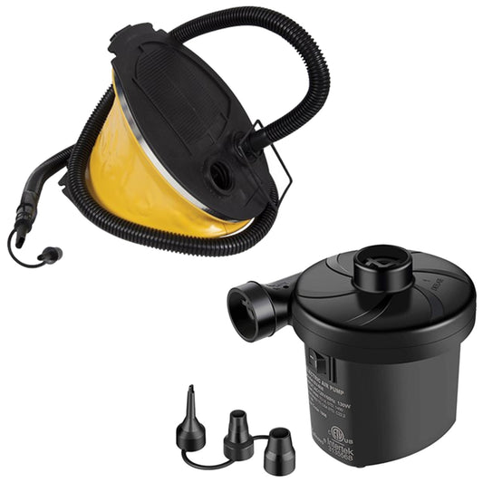 A yellow inflatable device with a black top and flexible hose is connected to a compact black air pump with multiple nozzle attachments, typically used for inflating various items in recreational settings.