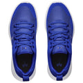 Blue athletic shoes are displayed from above with laces tied showcasing a mesh upper and a padded collar placed on a neutral background.