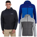 A young man wearing a black puffer hoodie stands with two other jackets displayed behind him in blue and gray. The setting appears to focus on outdoor apparel.
