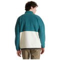 A person stands with their back to the viewer wearing a teal and cream fleece jacket and beige pants in a neutral background.