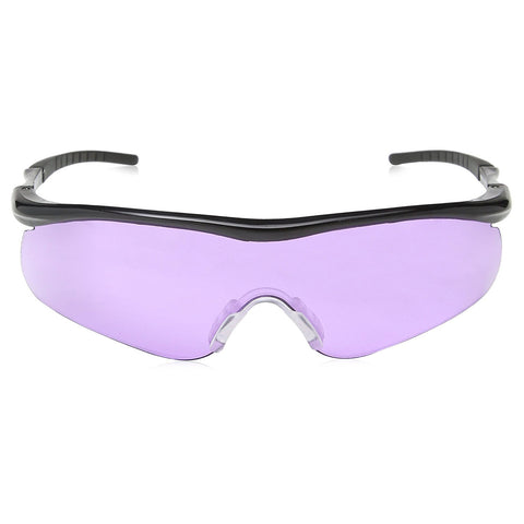 Sunglasses with a sleek black frame and purple lenses are displayed front-facing on a plain background showcasing their design and color without any action or movement.
