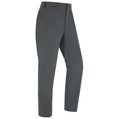 Dark colored pants stand upright displaying their straight leg design with side pockets in a neutral setting suitable for casual or formal wear.