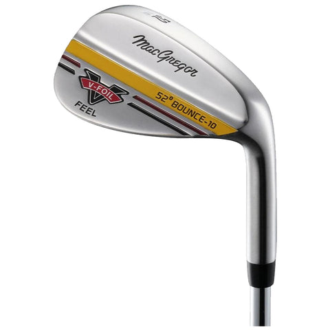 A golf club head with a shiny silver finish displays the brand MacGregor and features text indicating a 52-degree angle and 10 degrees of bounce, designed for precise short game shots.