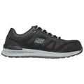 A black athletic shoe with a mesh upper features a grey sole and laces while showcasing the brand logo on the side designed for comfort and performance.