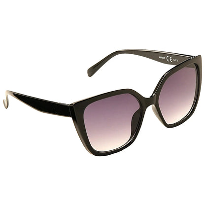 Black oversized sunglasses with a gradient lens are displayed. They feature angular frames and are positioned against a neutral background, suggesting a fashionable accessory for sunny weather.