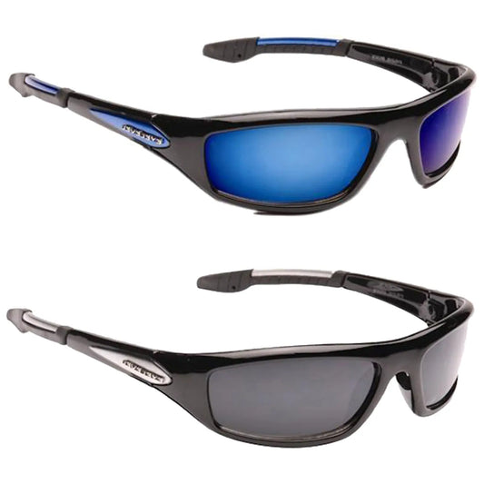 Sunglasses featured in a black frame are displayed with two variations the top pair has blue tinted lenses while the bottom pair has gray tinted lenses against a plain background.