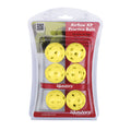 Six yellow practice balls are packaged together, designed to simulate the flight of a real golf ball, displayed in a clear plastic container with branding and a QR code.