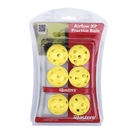 Six yellow practice balls are packaged together, designed to simulate the flight of a real golf ball, displayed in a clear plastic container with branding and a QR code.