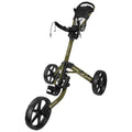 A golf push cart stands upright on three large wheels featuring a green frame with a handle and a storage compartment designed for carrying golf clubs and accessories in an outdoor setting.