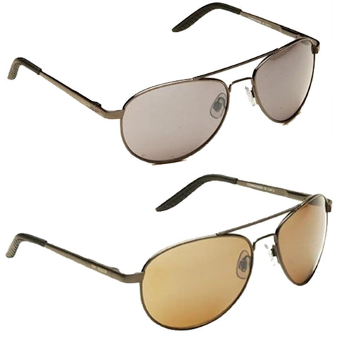 Two pairs of sunglasses are displayed with one pair on top and another below. The top pair has dark lenses while the bottom pair features lighter brown lenses. The sunglasses have a metallic frame.