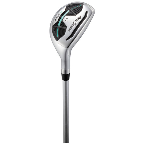 A silver golf club head with a sleek design is positioned upright against a white background showcasing its smooth surface and distinctive markings intended for striking a golf ball.