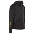 A black hooded jacket features a geometric quilted design on the back and side. The sleeve has the brand name ProQuip printed in yellow, suitable for casual or active wear.