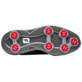Black leather golf shoes are displayed side by side featuring a classic design with a low profile and spiked soles suitable for traction on the golf course.