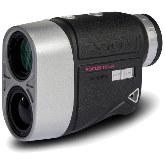 A rangefinder device features dual lenses and buttons for operation positioned on a textured, mainly black body with silver accents and specific markings like "ZOOM" and "FOCUS TOUR."