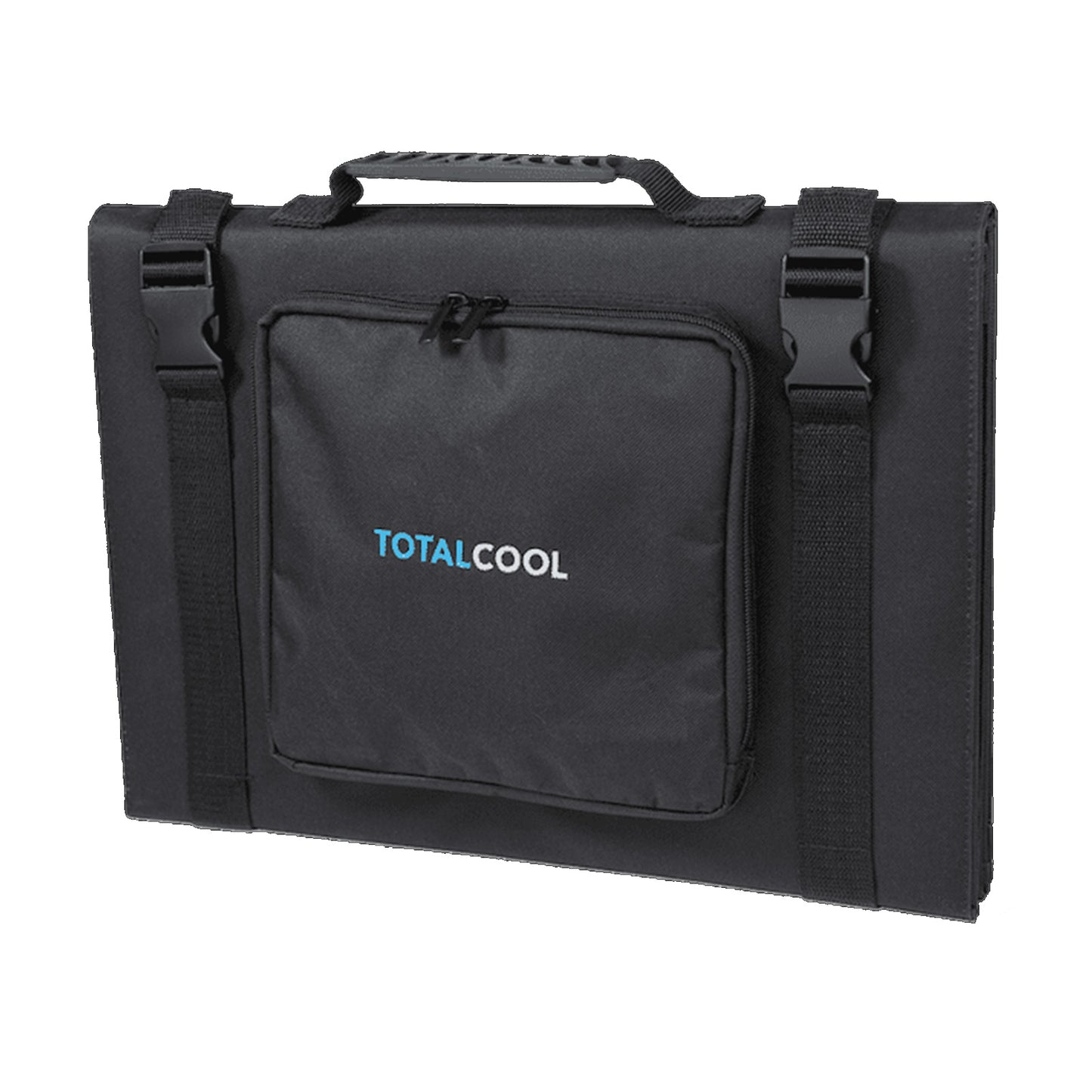 Black cooler bag with a handle featuring a front pocket and the logo TOTALCOOL is positioned upright on a plain background designed for keeping items cool and portable.