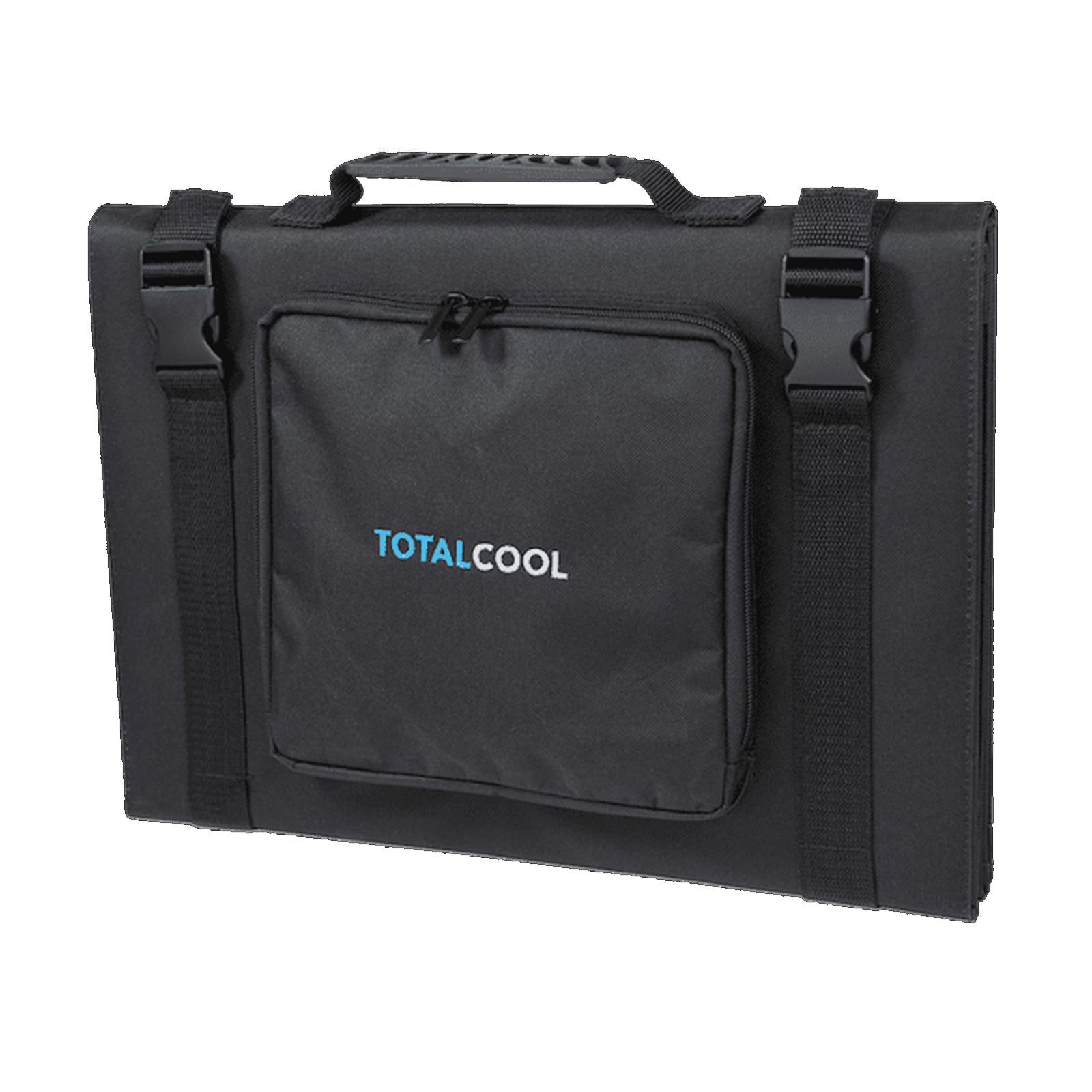 Black cooler bag with a handle featuring a front pocket and the logo TOTALCOOL is positioned upright on a plain background designed for keeping items cool and portable.