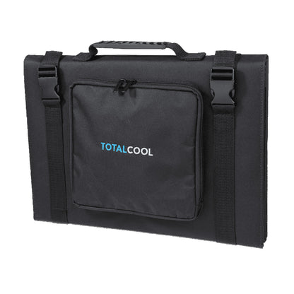 Black cooler bag with a handle featuring a front pocket and the logo TOTALCOOL is positioned upright on a plain background designed for keeping items cool and portable.