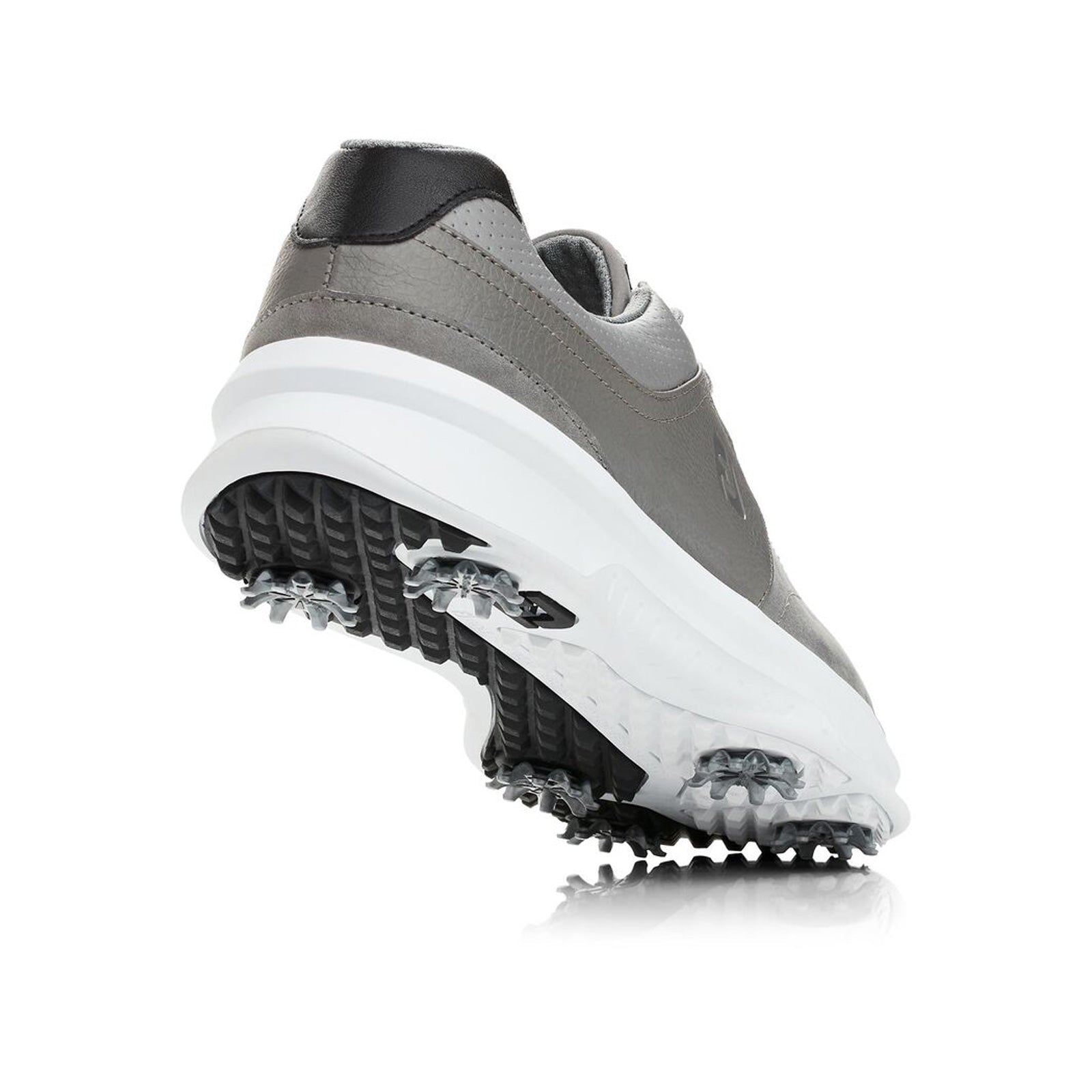 A gray athletic shoe with a white sole and spiked bottom is positioned at an angle showcasing its traction features against a plain background indicating suitability for sports or outdoor activities.