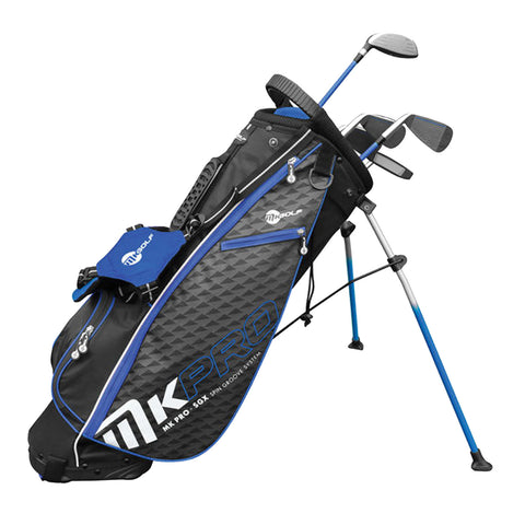 A black and blue golf bag stands upright with its legs extended holding several golf clubs in the top compartment designed for carrying equipment during a game of golf.