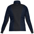 A dark navy jacket features a fitted design with a high collar and long sleeves showcasing a mix of smooth and quilted fabrics suitable for outdoor wear in cool weather.